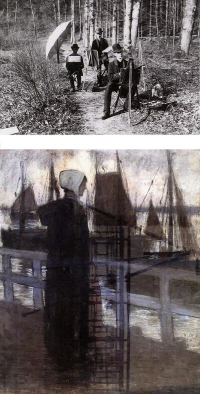 Regionale Schilderscholen, schilders in de natuur, Auguste 0leffe, Oude vrouw op de kaai, pastel, 