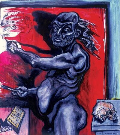 Charles Szymkowicz, Autoportrait avec l’art contemporain, 2004, acrylique sur toile, 205 × 180 cm.