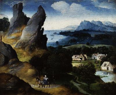 Joachim Patenir. Landschap met de vlucht uit Egypte, ca. 1516-17, olieverf op paneel, Wallonië,