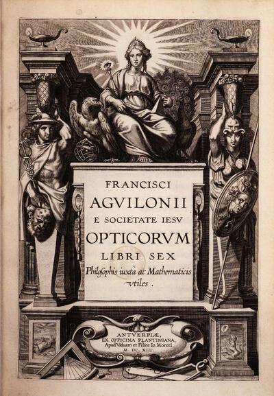 Titelplaat van pater Franciscus Aguilonius' Opticarum (1613), getekend door Peter Paul Rubens. Beiden werkten ook samen bij het ontwerp van de Carolus Borromeuskerk tegenover de Stadsbibliotheek Antwerpen. erfgoedbibliotheek,