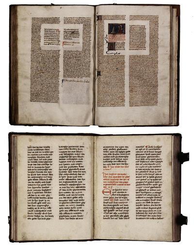 Erfgoedbibliotheek, Clementinae et Extravagantes Joannis XXII, handschrift op perkament, vermoedelijk begin 15de eeuw. Dit zijn de laatste twee van de vier officiële compilaties die het Decretum Gratiani ( 1142) aanvulden. Samen vormen ze de basiswetteksten van het middeleeuwse kerkelijke recht. Ruusbroec-handschrift op papier, vermoedelijk 15de eeuw. Vier traktaten van de mysticus jan van Ruusbroec (1293-1381): Van den gheesteliken tabernakel, Die cierheit der gheesteliker brulocht, Van seven trappen, Van