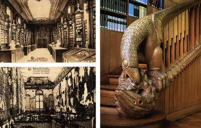 Erfgoedbibliotheek, De Amerikaanse adelaar in de grote leeszaal aan de kant van de Arendstraat, gesigneerd met j. Moeschal sculpsit-1950