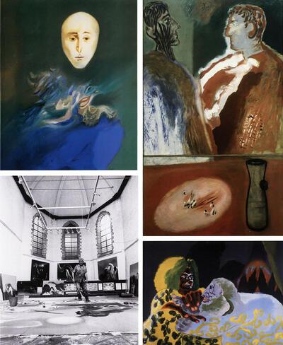  Portret van Pierre Alechinsky, Jan Cox in De Zwarte Panter werkend aan De Ilias van Home ros, Hugo Claus en ik, Rome, olie op doek, Achilles en de smekende Priamos, acryl op doek, 