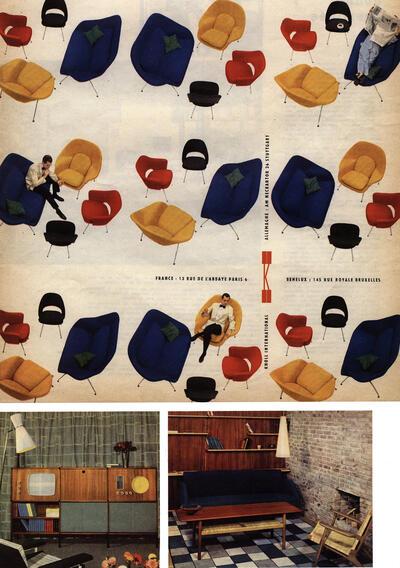 Atelier de Recherche Plastique (Pierre Guariche, Joseph André Motte, Michel Mortier), Salonmeubel met televisie en radio, advertentie 1958, Salon in de sectie Denemarken van de XIe Triënnale Milaan, 1957, expo 58,
