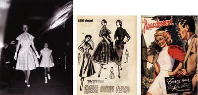 Modeshow van de Stedelijke Beroepsschool voor Meisjes te Mechelen, ca. 1955, Advertentie voor gratis patronen van japonnen en een middagjurk De Haardvriend, 30 november 1952, expo 58,
