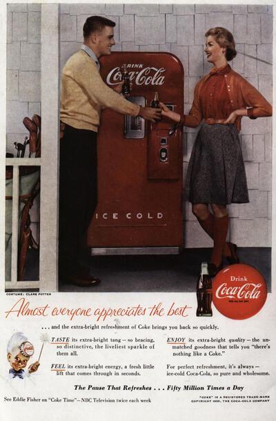 Advertentie Coca -Cola 'A /most everyone appreciates the best' The National Geographic Magazine, oktober 1955, expo 58,