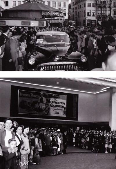 Aankomst van filmster Tyrone Power aan het Mechelse stadhuis op 26 juni 1953, Mechelaars wachten op Tyrone Power aan Cinema Eldorado op de Botermarkt, expo 58,