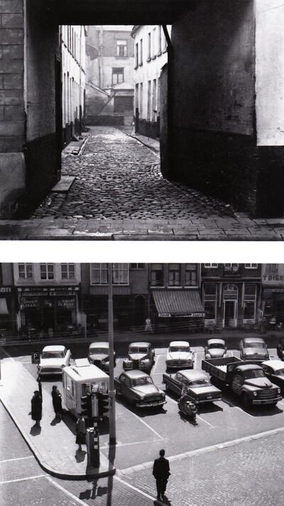 Een van de laatste Mechelse beluiken, ca. 1955 De gemoderniseerde Korenmarkt met ruime parkeermogelijkheden, einde jaren 1950, expo 58,