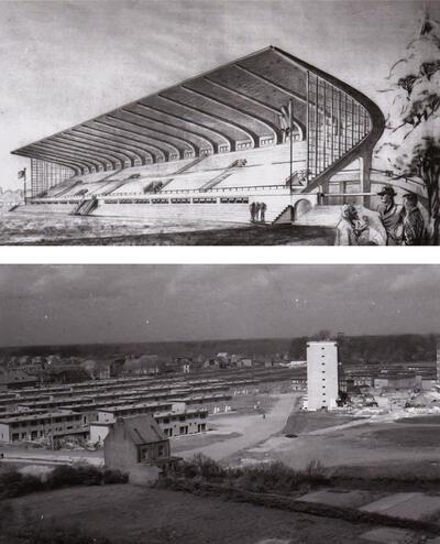 joseph Louis Stijnen, tribune van KV Mechelen, fotografische reproductie ca. 1952 De eerste bouwfase van de woonwijk op het Oud-Oefenplein, expo 1958,