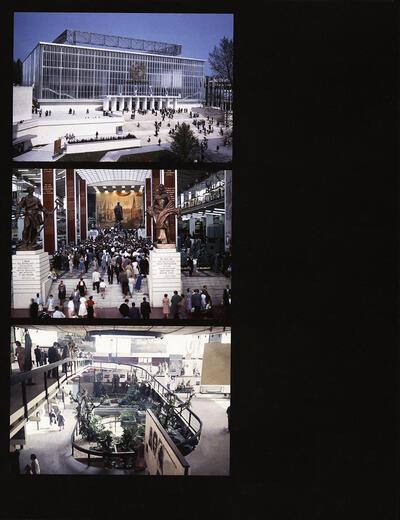 Het paviljoen van de USSR met de monumentale trap, De grote hal van het USSR-paviljoen, Interieur paviljoen Brazilië, expo 58,