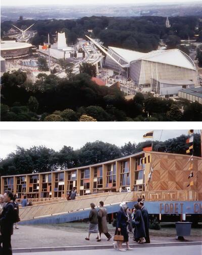 Paviljoen van Bosbouw, jacht en Visvangst, Het Natiënplein in de Buitenlandse Sectie, gedomineerd door o.a. de paviljoenen van de Verenigde Staten, het Vaticaan en Frankrijk, expo 58,