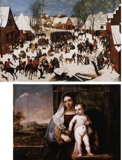 Pieter Bruegel de Oude, De kindermoord te Bethlehem, David Teniers de jonge, Maria met Kind (naar Titiaan), olieverf op hout,