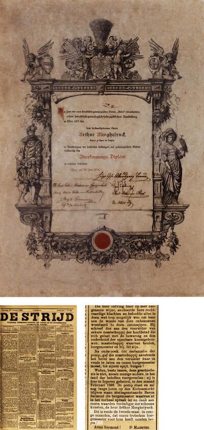 In 1878 kreeg Merghelynck van een heraldisch-geneologische vereniging, Voorpaginanieuws in De Strijd van 26 februari 1898: Arthur Merghelynck heeft de aloude pomp op de Kiekenmarkt in leper gered van de sloopwoede van burgemeester Baron Surmont