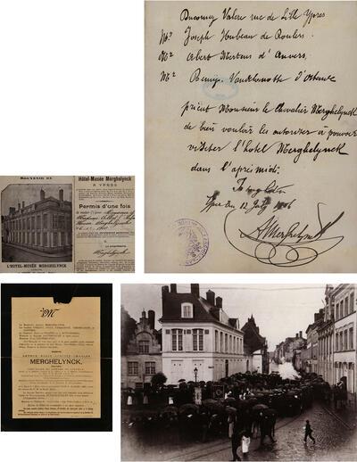 Arthur Merghelynck, Door Merghelynck in het Nederlands gehonoreerde Franstalige aanvraag van Ieperlingen om het museum te mogen bezoeken, Begrafenisstoet, Rouwbrief, Toegangsbewijs tot het Hotel-Museum Merghelynck
