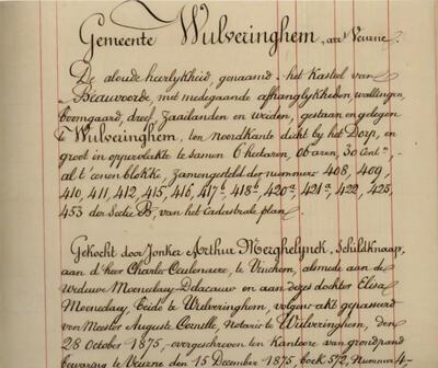 Fragment uit het 'Registre des Biens', een overzicht van het onroerend goed dat Merghelynck bezat rond 1890.