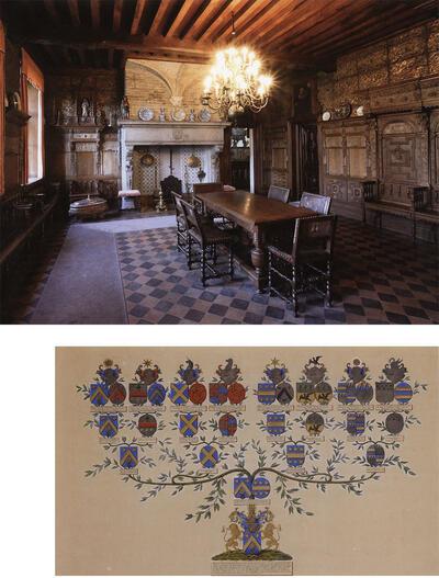 De ridderzaal van Kasteel Beauvoorde, Kwartierstaat van Léopold Merghelynck, de vader van Arthur Merghelynck, getekend door Désiré Böhm