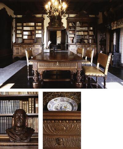 De bibliotheek, Borstbeeld van Arthur Merghelynck, door Lucien Kestelijn, gebakken aarde, Datumcartouche in de lambrisering van de ridderzaal.