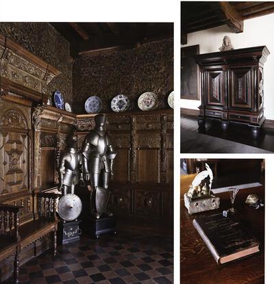 Artur Merghelynck, harnassen, Kussenkast,ebbenhout en inlegwerk van palissander, met robbellijst afgewerkt, Het 'Registre des biens' wordt geflankeerd door een jeneverglas (18de eeuw), een inktpot in gemoulureerd marmer ( 18de eeuw), een stempel met AM-markering ( 19de eeuw) en een schilpad-'solferbak' op loden pootjes ( 19de eeuw)