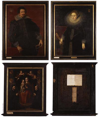 Portretten van het echtpaar Jacobus Tax en Elisabeth van Parijs, Memorieschilderij van de familie Van den Berghe, Arthur Merghelynck.
