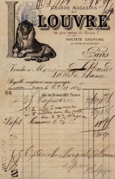Factuur van de Grands Magasins du Louvre te Parijs voor de aankoop van "tapisserie" bestemd voor het museum, 1893. Collectie Hotel-Museum Arthur Merghelynck