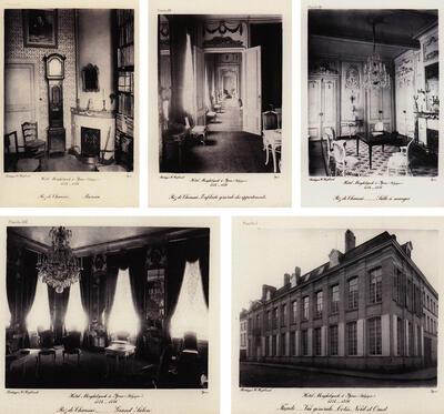 Vijf gezichten op en in het museum kort na de opening, naar foto's van Hector Heylbroeck, 1894 Collectie Hotel-Museum Arthur Merghelynck