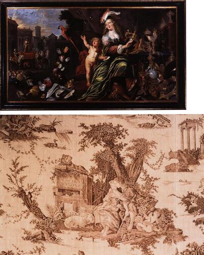 Het schilderij 'De ijdelheid van de Rijkdom' zou in 1637 bij het atelier van Rubens besteld zijn door de Ieperse bisschop Jansenius, Muren bekleed met 'toile de jouy', Arthur Merghelynck,