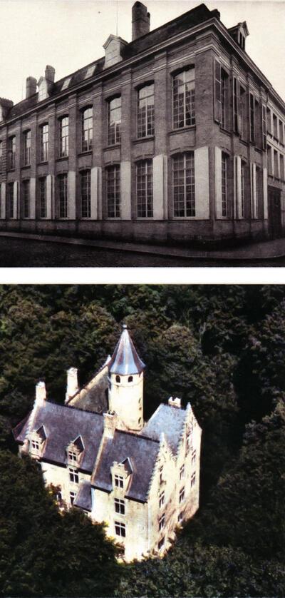 Het Hotel-Museum Merghelynck op de hoek van de Rijselsestraat en de Oude Kleermarkt, Arthur Merghelynck, Luchtfoto van Kasteel Beauvoorde, postkaart uit de jaren 1970,