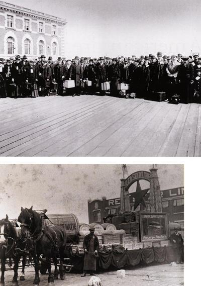 Passagiers van de Red Star Line komen aan op Ellis lsland. Promotiewagen van Red Star Line.