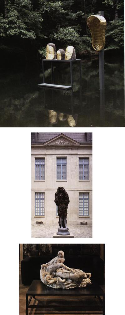 Zicht op de tentoonstelling 'Grandeur' in Sonsbeek, Why does Strange Fruit always look so sweet?, 2008. Binnenplaats van het Musée de la Chasse et de la Nature, Parijs, Narcissus Saved, 2005, geëmailleerd aardewerk, Johan Creten,