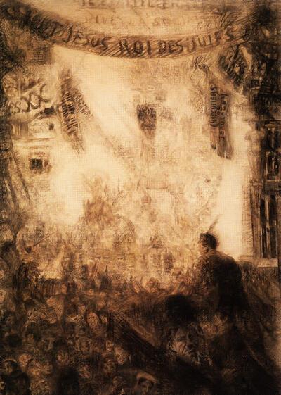 James Ensor, De intrede van Christus in Jeruzalem, 1885, zwart en bruin krijt. collage op papier geplakt op doek (in 1986 gedoubleerd op Japans papier)