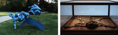Peter Rogiers, Two reclining figures on a calder base, sculpture for Middelheim,Patrick Van Caeckenberg, Luipaard, 1990, luipaardvel met inkervingen 'maan', 'zon' 'en sterren', houten sokkel en glazen koepel, sculptuur,