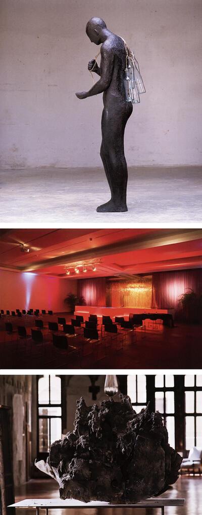 Philip Aguirre y Otegui, Waterdrager, 1999, brons, Guillaume Bijl, Miss Flanders Beauty, SMAK, 2008, Peter Buggenhout, The Blind leading the Blind # II, 2007, polystyrene en afval bedekt met huishoudstof, sculptuur,