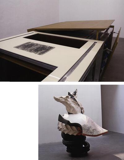 Vaast Colson, Helena's Sculpture, 2006, hout, aluminium, leder, acryl, wielen en 12 schilderijen, Caroline Coolen, Baars, 2008, keramiek en rubber, sculpturen,