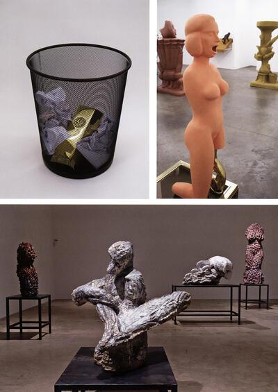 Leo Copers, Zonder titel, 2004-2007, gelakt staal, verguld brons en bedrukt papier, Anton Cotteleer, Luxury prothesis, 2007, plaster, verf, messing en glas,Johan Creten, Strange Fruit, beelden in steengoed, sculptuur,