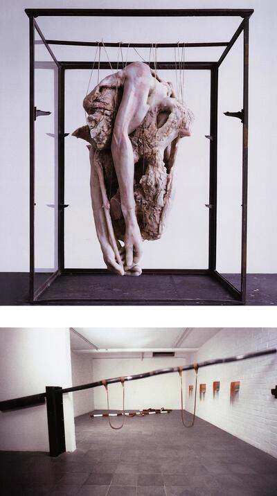 Berlinde de Bruyckere, In doubt, Goele De Bruyn, Z.t. (slagboom als steunbalk voor de toeschouwer), 2002, staal, leder en rubber, sculptuur,