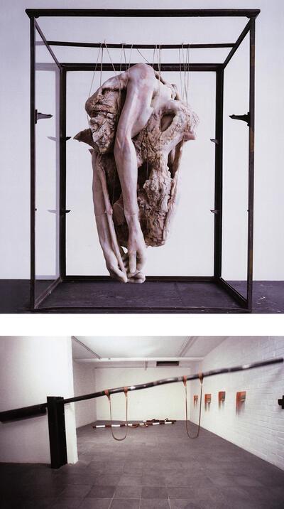 Berlinde de Bruyckere, In doubt, Goele De Bruyn, Z.t. (slagboom als steunbalk voor de toeschouwer), 2002, staal, leder en rubber, sculptuur,