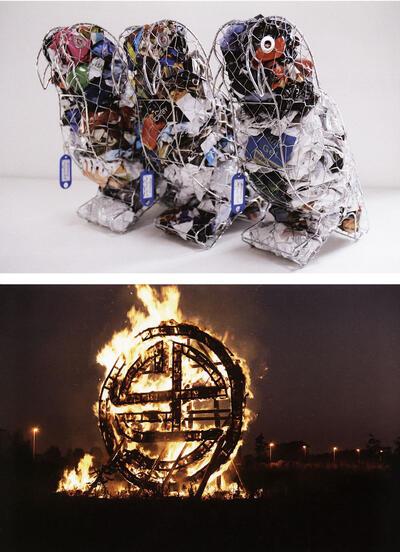 Denmark, Artforum, January 2008, 2008, buxusvormen in de vorm van een papegaai gevuld met de tot prop gemaakte pagina's van een tijdschrift hedendaagse kunst, Gerry De Smet, De wanen in ons, sculpturen,