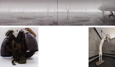 Hans Op de Beeck, Location (6), 2008, sculpturale installatie, mixed media, mist en kunstlicht, Panamarenko, Hazerug, 1992, motor 60 pk, metaal, kevlar, epoxy, houten propeller, vilt, plastic, Johan Tahon, Esso Visioen, 1996, gips en metaal, sculptuur,