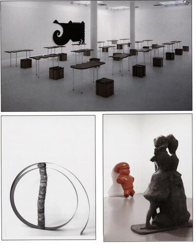 Guy Rombouts en Monica Droste, mdf, metaal, hout en lak, Paul Gees, Vertikaal gerold, 1986, hout, staal en graniet, Sven 't Jolle, De betere klasse heeft ook recht op ontspanning: jong en onwetend en arbeider met ballonmuts, 1998, installatie, plaaster en polyester, sculptuur,