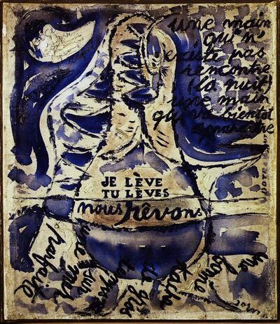 Christian Dotremont en Asger jorn, je lève, tu lèves, nous rêvons, 1948, graniet en olie op doek,
