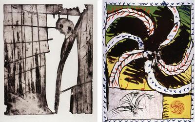 Serge Vandercam, De gevangene, 1970, gravure (aquatine) en droge naald, Pierre Alechinsky, Prédateur, 1982, litografie, Cobra,