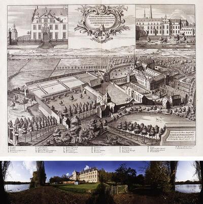 De abdij van Park in 1726. Gravure uit: A Sanderus, Chronographiae sacrae Brabantiae, Den Haag, landschap ten zuiden van de abdij, parkabdij,