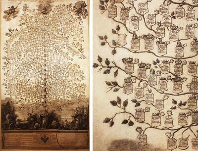 Stamboom van de norbertijnenhuizen, kopergravure, Zuidelijke Nederlanden, parkabdij,