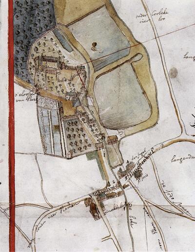 Kopie van een landmeterskaart uit 1617, met op de voorgrond de wijk Vinkenbos en achteraan de abdijgebouwen