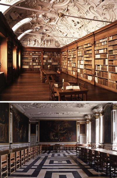 De abdijbibliotheek met fraai tongewelf uitgevoerd in stucwerk, De abdijrefter met stucwerkplafond, Parkabdij,