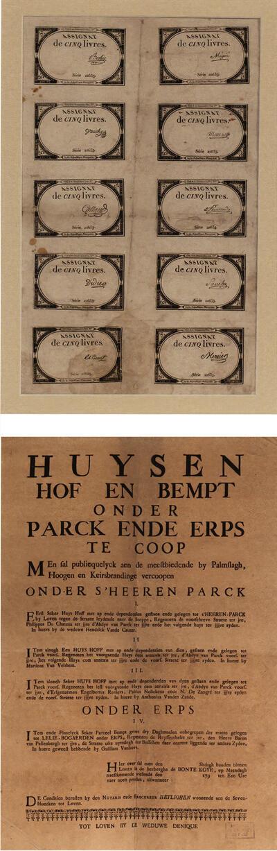 Assignaten, 1793. Verkoopaffiche van goederen van de abdij, einde 18de eeuw