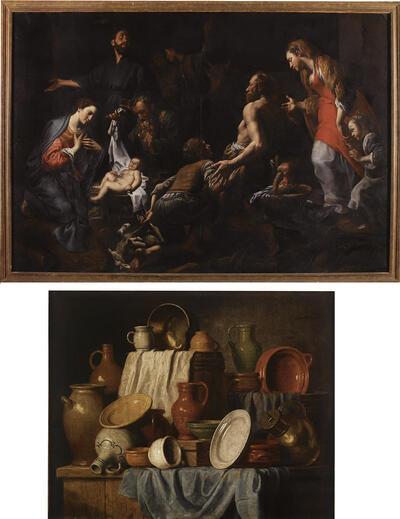 Aanbidding door de herders, Theodoor van Loon, Stilleven me! aardewerk, jan jozef Verhaghen, olieverf op doek