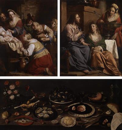 Parkabdij, Aanbidding door de herders, Pieter jozef Verhaghen, olieverf op doek, jezus bij Martha en Maria, Pieter jozef Verhaghen, olieverf op doek, Stilleven met schaaldieren, Filips de Marlier, olieverf op paneel