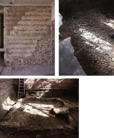 Resten van de laatgotische traptoren uit de 15de eeuw, middeleeuwse weg, gevonden onder het vloerniveau van de nieuwe kelder, Funderingssporen, parkabdij, 