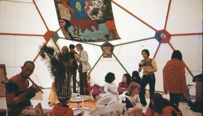 Don Cherry and Eagle-Eye Cherry with members of the Taj-Mahal Travellers, 1971.